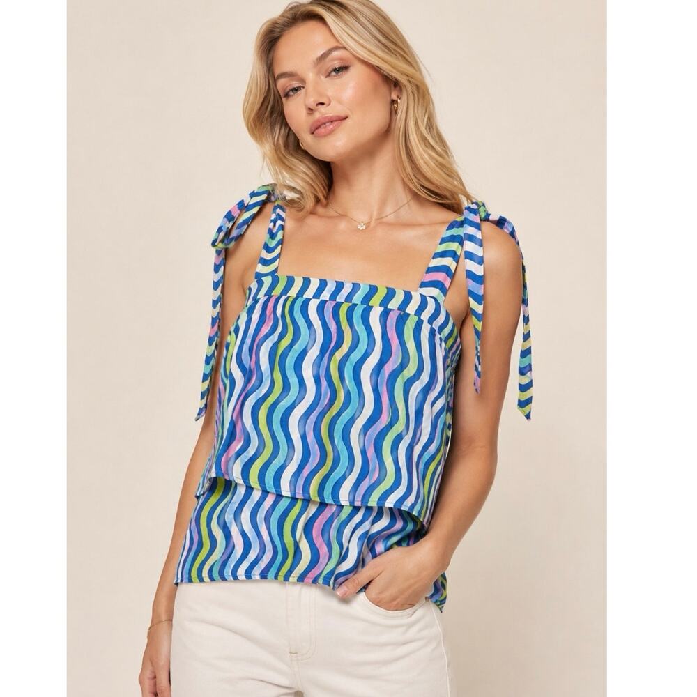 Michelle McDowell Wave Print Tie Strap Tank Top Blue Pink Green Sz S